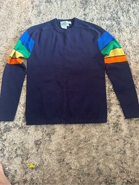 Men's skitique Navy Crewneck Sweater with Rainbow Sleeve Stripes
